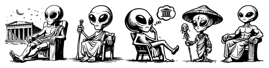 alien characters as ancient philosophers and monks vector set