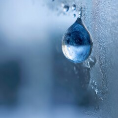 Macro view of a serene blue water droplet gently clinging to a frosted glass pane. The droplet glows in soft neon blue and aquamarine, resembling a frozen bubble. 