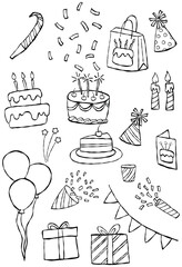 outline abstract birthday party concept with hand drawn doodles, funny birthday celebration , funny sketch illustration, whimsical celebration art design