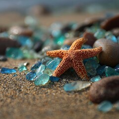 Starfish and sea glass glistening in the sand
