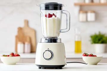 A bright, modern kitchen scene captures a viral food hack, showing a blender or food processor filled with cottage cheese and strawberries being made into healthy ice cream.
