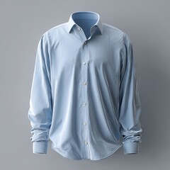 A light blue, long-sleeved button-down dress shirt is displayed on a neutral gray background; it's wrinkle-free and has a classic, tailored fit