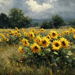 Sunflowers swaying in a summer breeze 