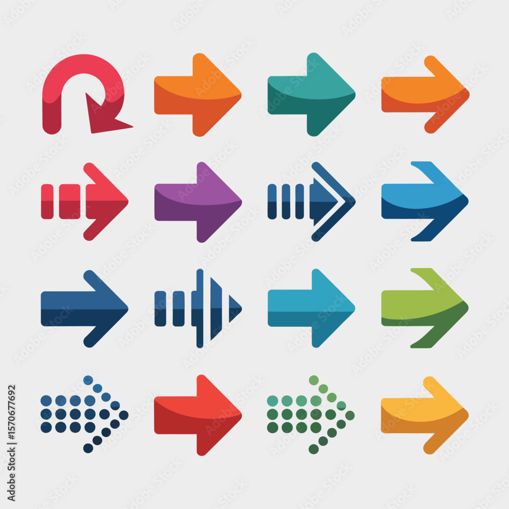 Poster collection of sixteen colorful arrow icons diverse styles and directions vector graphics for web des
