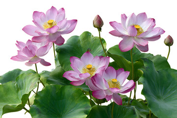 Obraz premium Beautiful pink lotus flowers and buds with large green leaves isolated on transparent background