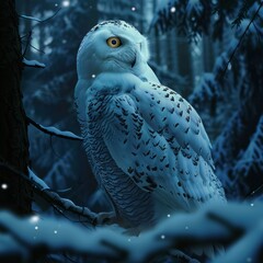 snowy owl in a dark forest