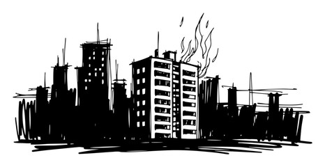 burning building in city skyline silhouette sketch vector © Mago