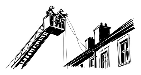 firefighters on a ladder truck rescuing from building sketch