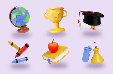 Academic success symbols 3D render illustration