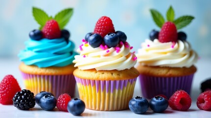 Colorful assorted cupcakes with buttercream frosting and fresh berries on top