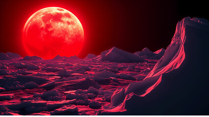 A red dwarf sun, appearing three times more massive than Earth's sun, casts a crimson light on tidal-bound oceans. In the background, frozen glaciers glow faintly at night.