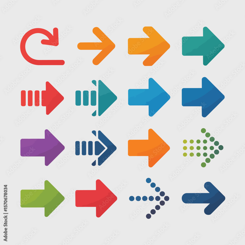 Poster collection of sixteen colorful arrows various styles and directions simple flat design vector icons 
