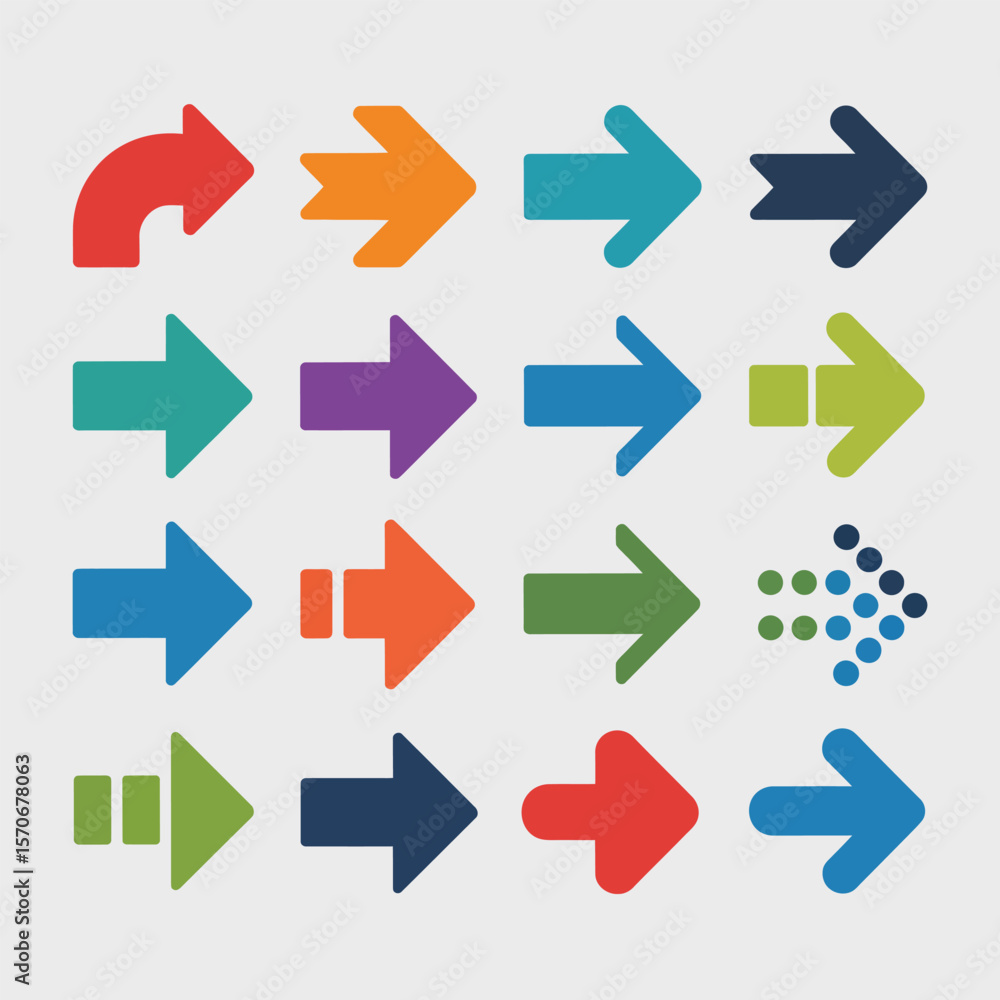 Poster collection of sixteen colorful arrow icons various styles and directions simple flat design vector g
