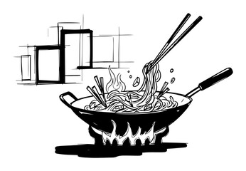 wok cooking asian noodles stir fry sketch vector