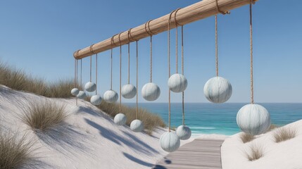 Light wood wind chime installation swaying in an ocean breeze above a sand path strong directional sunlight realistic