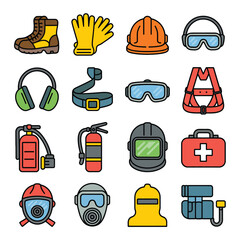 Collection of Sixteen Colorful Line Art Icons Depicting Diverse Safety Equipment Including Boots Gloves Hard Hats Goggles Ear Protection Belts Safety Harness Fire Extinguishers Welding