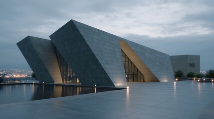 Duplex with sharp angles matte slate walls photographed in blue hour with faint city light reflections cinematic framing