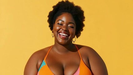 A woman with a big bust is smiling and wearing a colorful bikini. Concept of confidence and happiness - Powered by Adobe