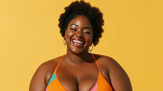 A woman with a big bust is smiling and wearing a colorful bikini. Concept of confidence and happiness