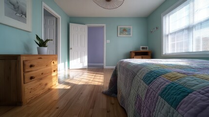 Kid room with mint walls and soft purple accents, ceiling lamp casting radial shadow pattern, quilted textures on