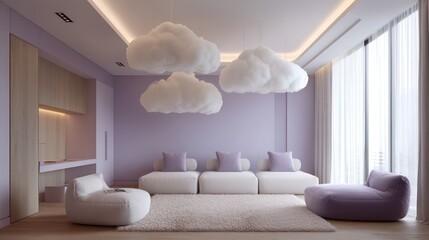 Kids room with cloud ceiling lights and soft lavender walls, warm overhead glow with dynamic shadow interaction, layered