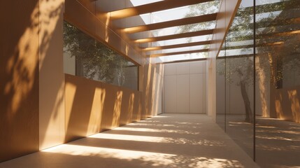 Minimalist tan white art deco office with integrated lighting slats backlit sunset glow trees creating patterned shadows high-fidelity