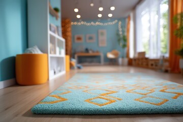 Kid room in tropical teal and tangerine, overhead recessed lights illuminating detailed patterns on rug, felt storage bins