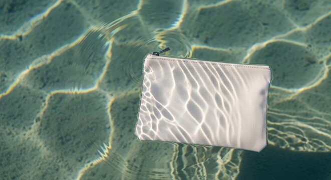 white waterproof pouch floating in clear pool water with shimmering sunlight ripples