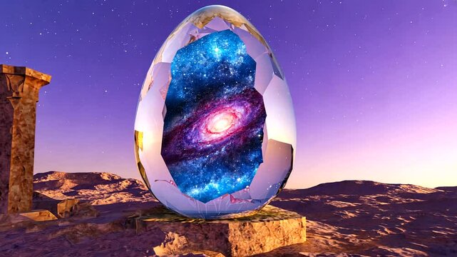 A cosmic egg cracked open revealing a vibrant galaxy, set against a serene desert landscape at dusk