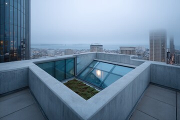 Duplex rooftop perspective with skylight cutouts blue hour tones fog layering across skyline precise occlusion smooth concrete texturing