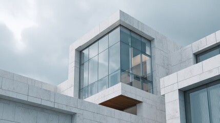 Minimalistic duplex with white stone fine steel mesh screens photographed under cloudy sky with evenly distributed soft lighting