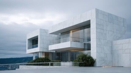Minimalistic duplex with white stone fine steel mesh screens photographed under cloudy sky with evenly distributed soft lighting
