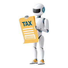 Helpful robot holding clipboard for income tax automation and financial reform showing future technology