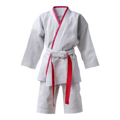 White martial art sport uniform for judo or karate with red belt. Traditional clothing for combat training discipline