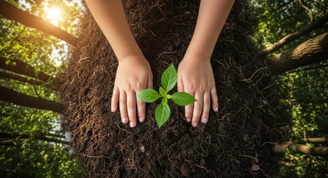 child hands planting a small green plant in fertile soil with a lush forest background, symbolizing environmental protection and new life