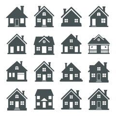 Fototapeta premium Collection of Sixteen Dark Gray House Icons Simple Home Silhouettes Various Styles Architectural Designs Real Estate Symbols