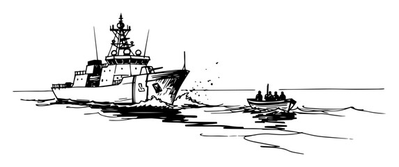 navy warship intercepting boat at sea sketch vector © Mago