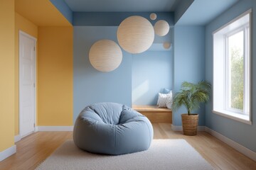 Kid room in goldenrod and robin egg blue, top-down lantern light creating spherical glow zones, velvet bebag and
