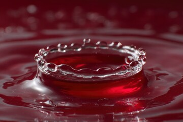 Red liquid droplet forms a ring crown on the surface with rippling reflections in a dark glossy setting