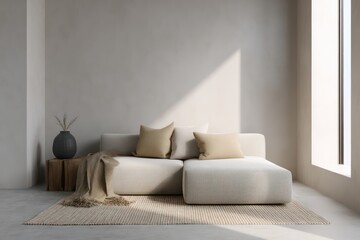 Minimalist setup in arctic white and sand beige, cledaylight spilling unseen window, stark shadow play on matte walls,