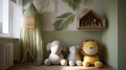 Kid bedroom with jungle theme in leaf green and sand yellow, floor lamp casting light through canopy-style fabric,