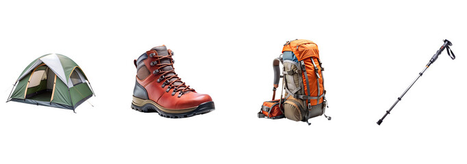 Camping equipment including a tent, hiking boots, backpack, and trekking pole isolated on transparent background