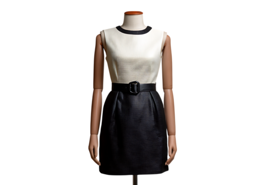 Elegant sleeveless two tone dress with a black belt and textured fabric isolated on transparent background