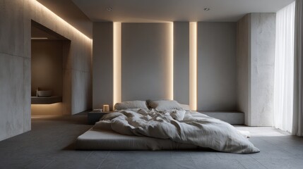 Minimalist suite in neutral sand and anthracite, indirect wall lighting producing soft vertical gradients, linen duvet with fine