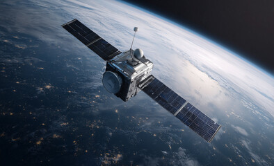 Modern space communications and telecommunications satellites. Space communications satellite in low orbit around the Earth. Satellite in orbit around earth with solar panels.