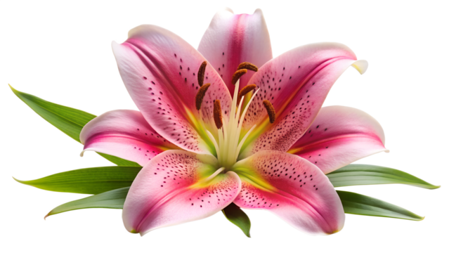 Beautiful pink lily flower with green leaves isolated on transparent background