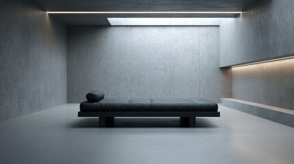 Minimalist setup with graphite walls and low black futon bed, strong angled overhead lighting with high contrast shadows,