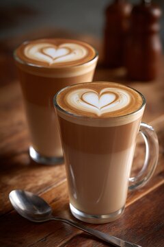 atte Art: Two Heart-Shaped Lattes on Wood