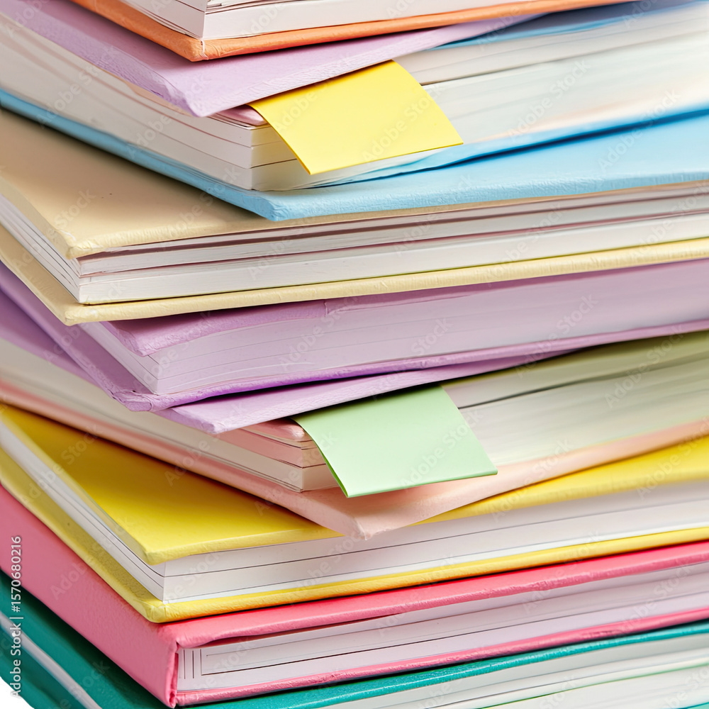 Poster colorful stacked notebooks with sticky notes for study and organization