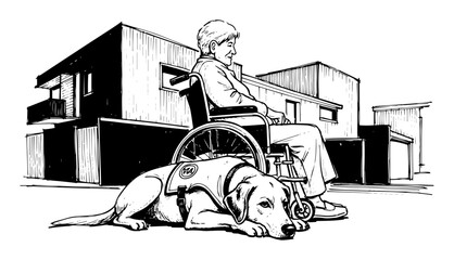 person in wheelchair with service dog sketch vector